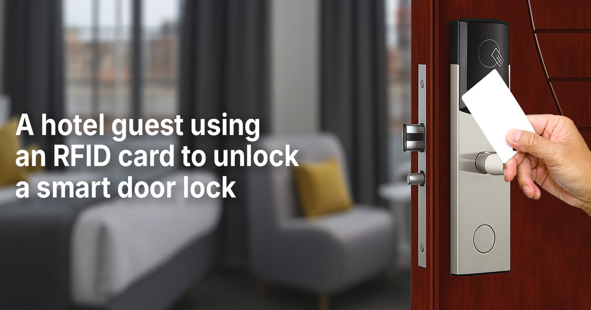 Hotel guest using an RFID card to unlock a smart door lock for secure and keyless room access
