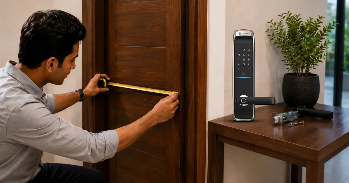 A guy measure tape to measure a home door for install smart door lock