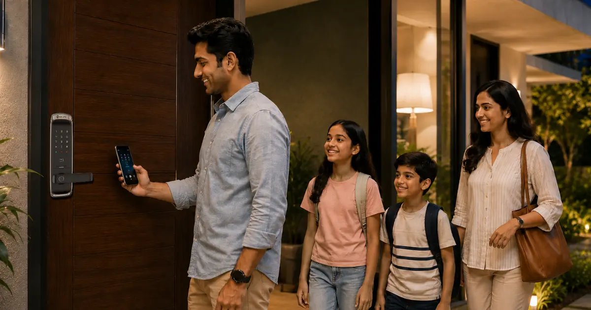 A guy with their family open front home door using phone access smart door lock