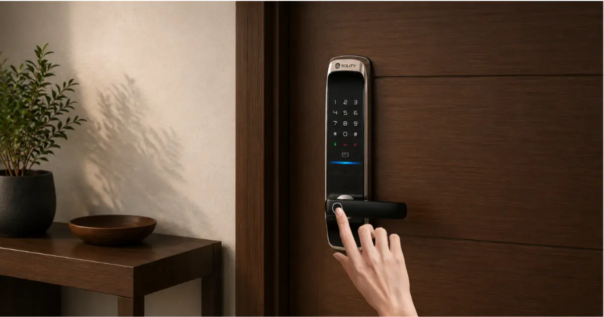 human hand on smart lock